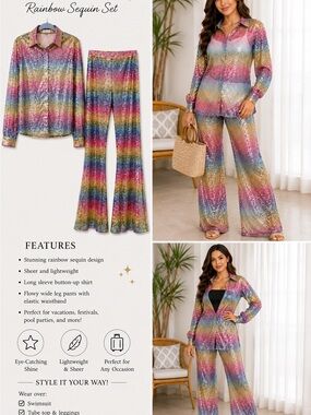 Main Strip Rainbow Sequin Two-Piece Pajama Set - Multicolor